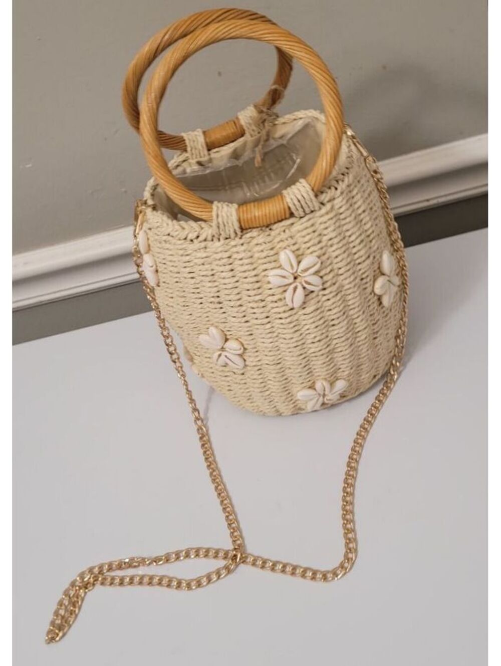 BRUN Pearl Women's Straw Bucket Bag Shell Gold Tone Chain Strap Handbag Purse. - Picture 3 of 8